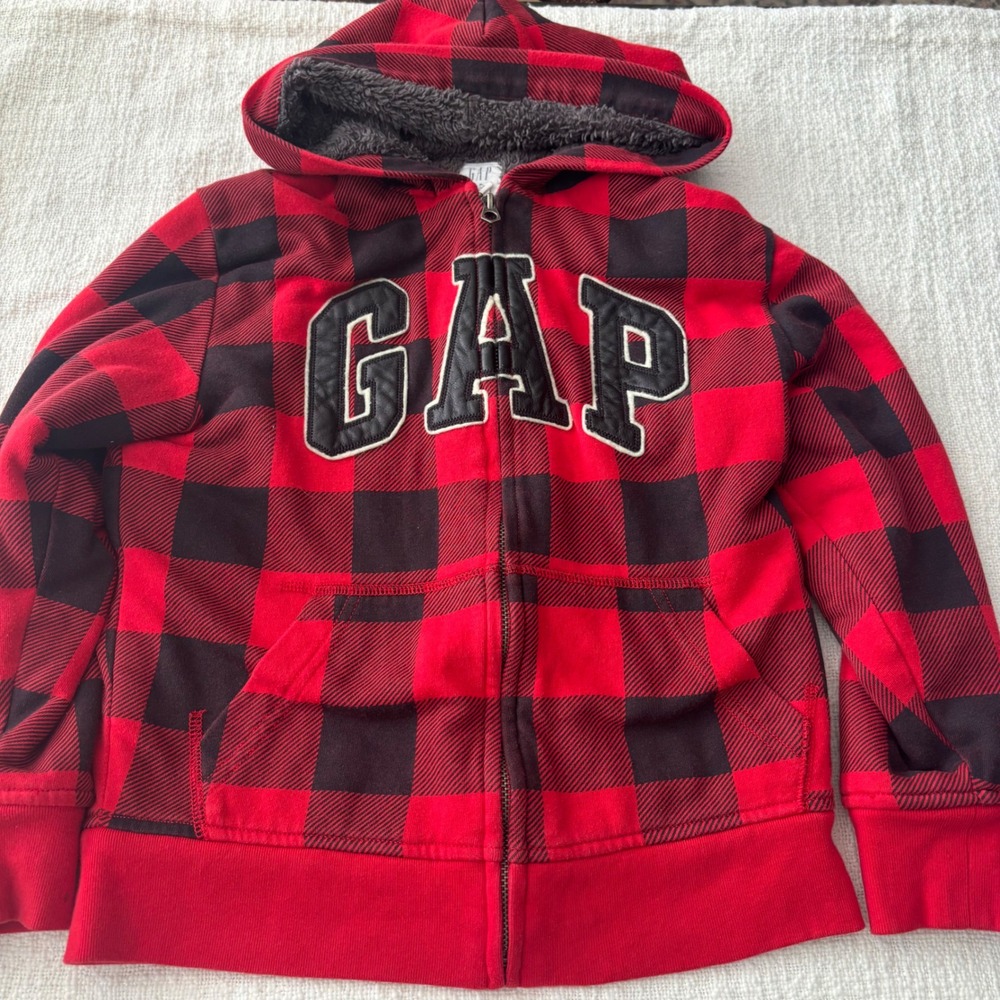 Gap Kids Boys Red Black Buffalo Plaid Sherpa Lined Full Zip Hoodie Size M 8